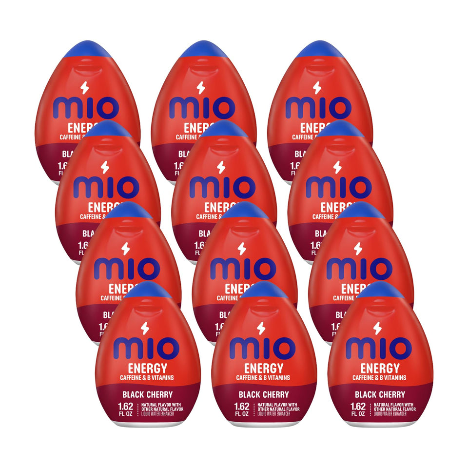Mio Energy Black Cherry bottle shows bold flavor for on-the-go hydration and a caffeine boost.