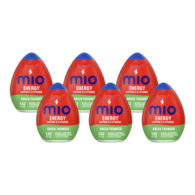 Mio Energy Green Thunder bottle pours into a glass, highlighting apple flavor boost