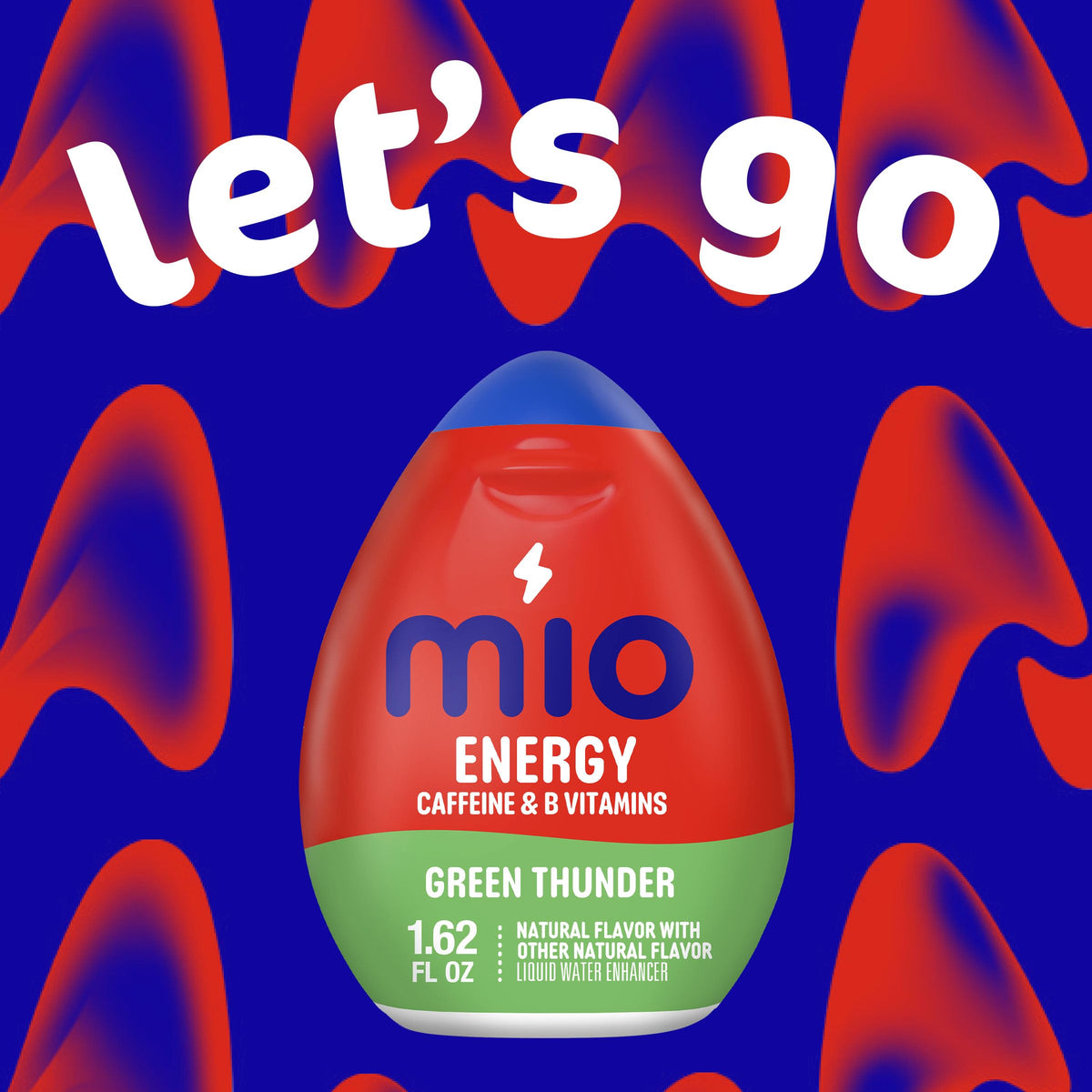 MiO Energy Green Thunder ingredients badge shows B vitamins and sugar-free promise.