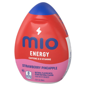 Close-up of Mio Energy Strawberry Pineapple Smash highlighting a caffeine boost flavor option.