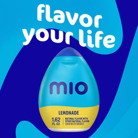 Mio Lemonade enhancer close-up highlights zero-calorie serving per 1/24 bottle.