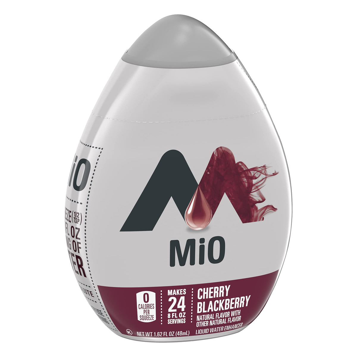 Mio Cherry Blackberry label close-up demonstrates convenient water flavoring today.