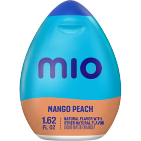 Mio Mango Peach bottle being squeezed into a glass for on-the-go hydration.