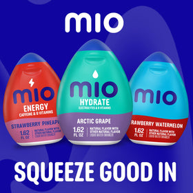 Mio Sport Arctic Grape drops into water midair over a glass