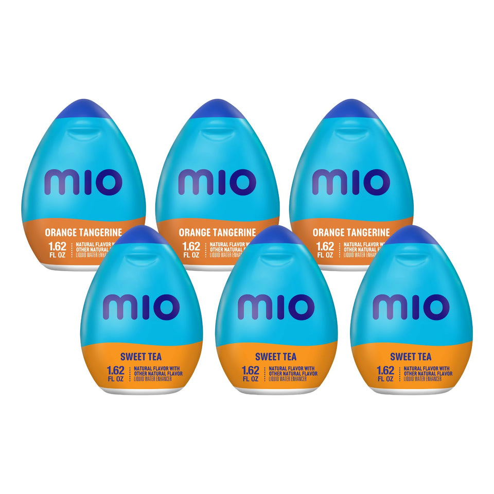 Mio variety pack bottles show orange tangerine and sweet tea flavors for on-the-go hydration.
