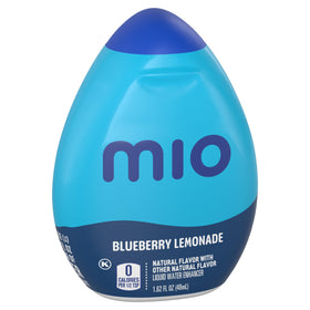 Mio Blueberry Lemonade bottle dispensing action emphasizing easy one-squeeze flavor.