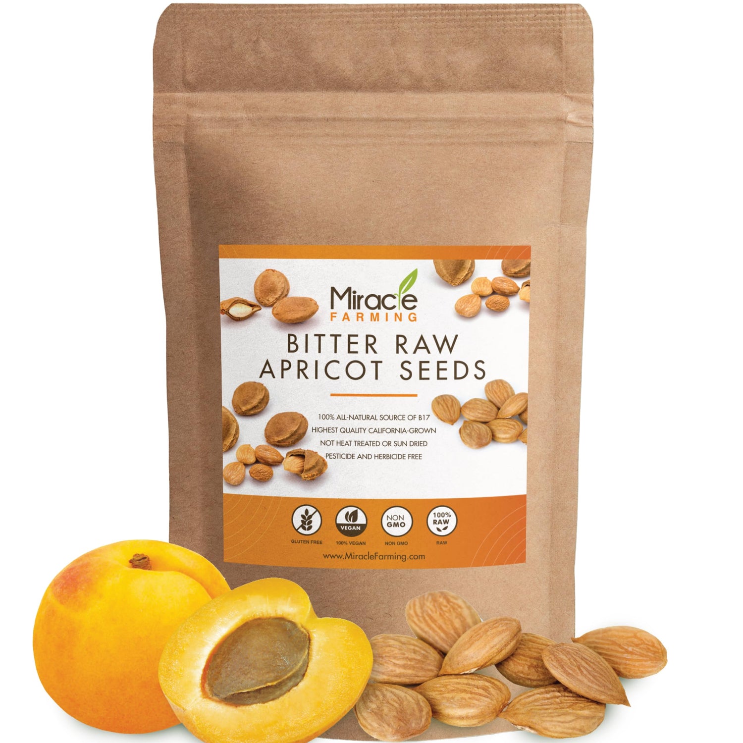 Miracle Farming bitter apricot seeds pack-shot in resealable pouch for easy daily use.