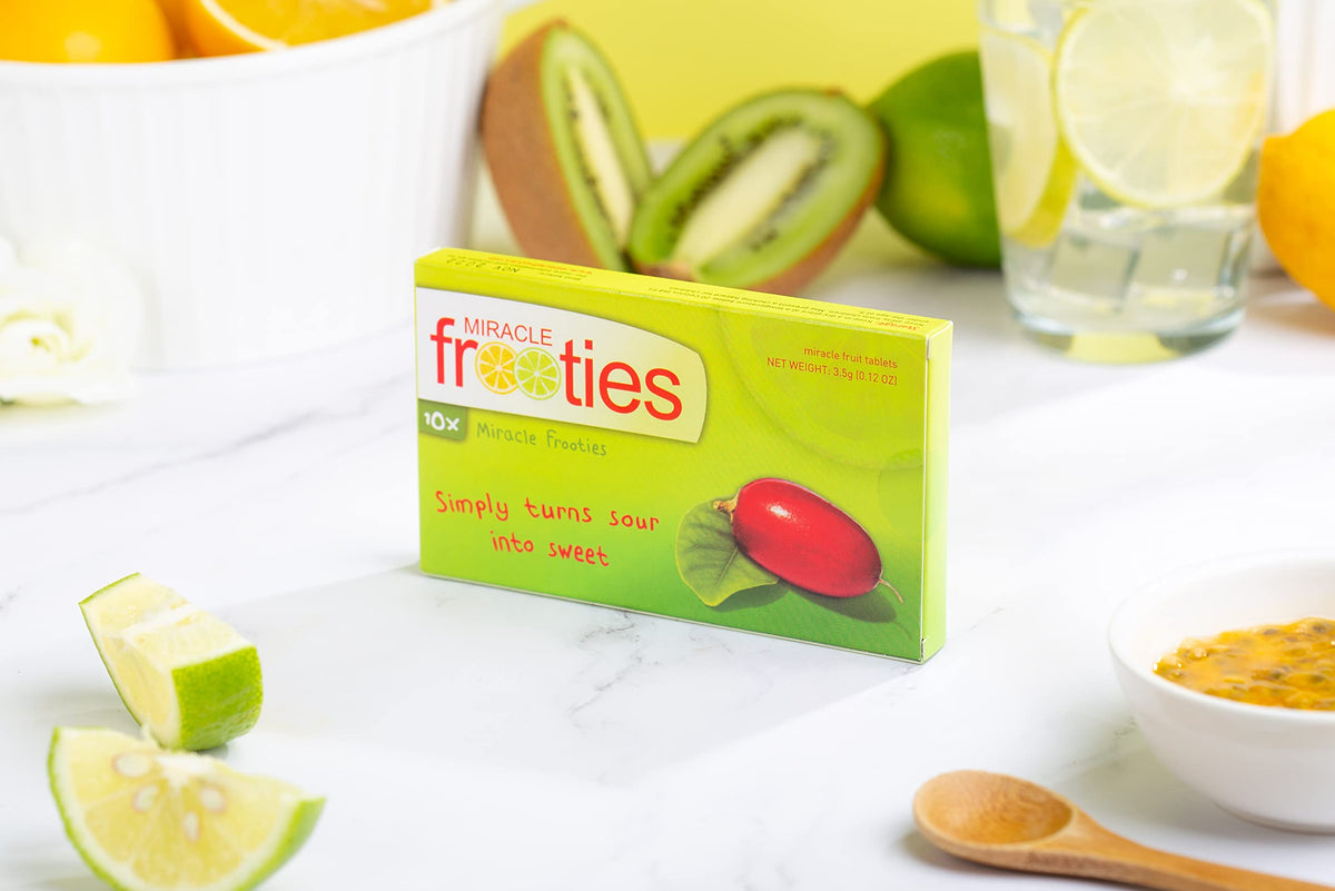 Tablet dissolving on tongue during a taste-change moment with Miracle Frooties.