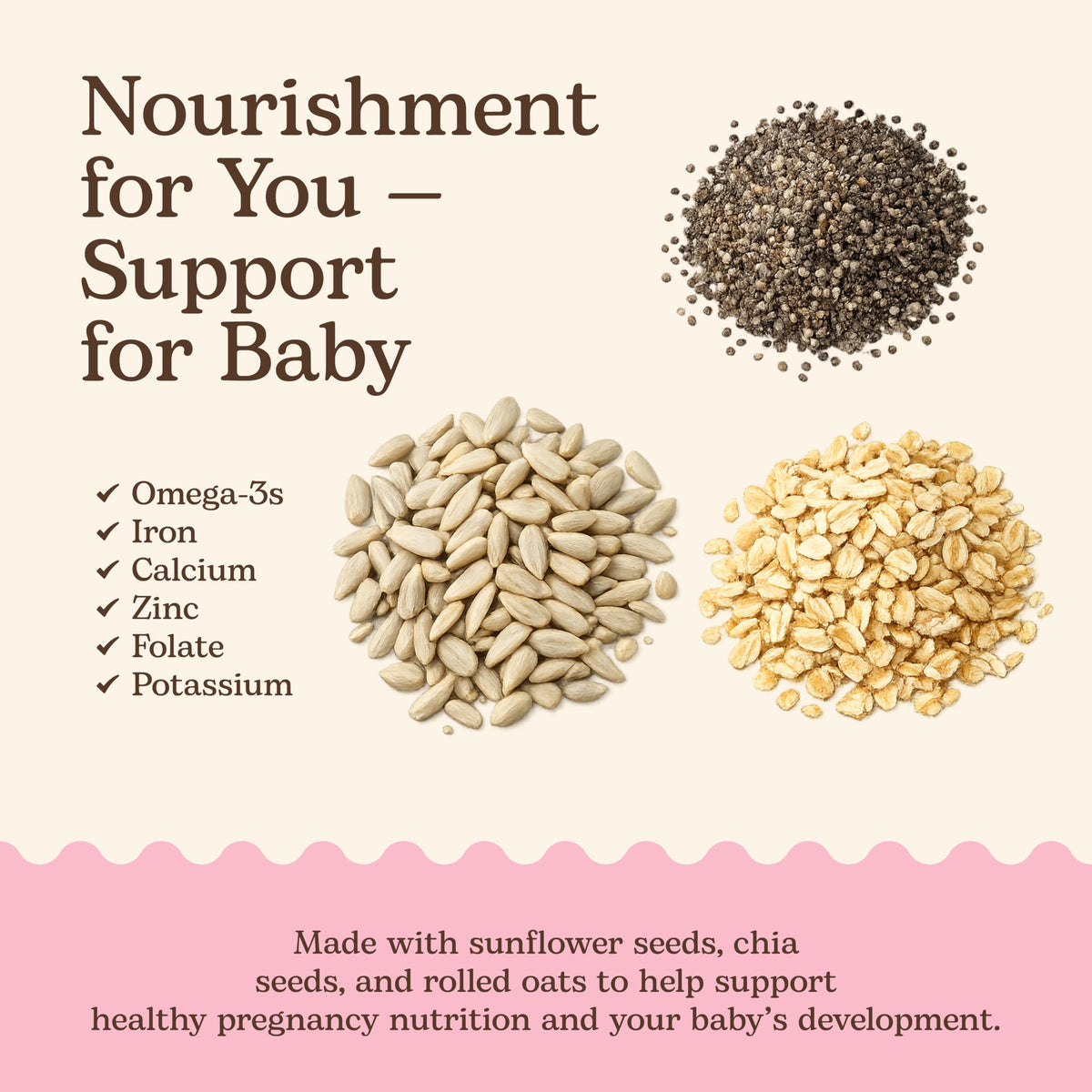 Miracle Mama Bump Bites ingredients closeup showing oats, chia, and sunflower seeds