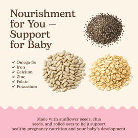 Miracle Mama Bump Bites ingredients closeup showing oats, chia, and sunflower seeds