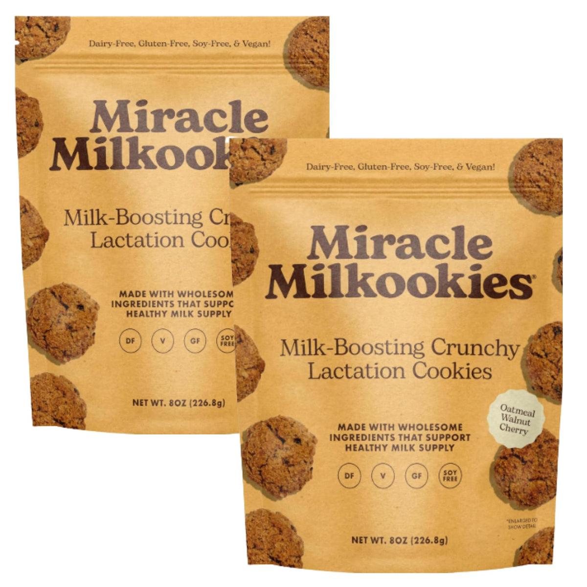 Miracle Mama Milk cookies packshot showing two dairy-free, gluten-free wraps for easy storage