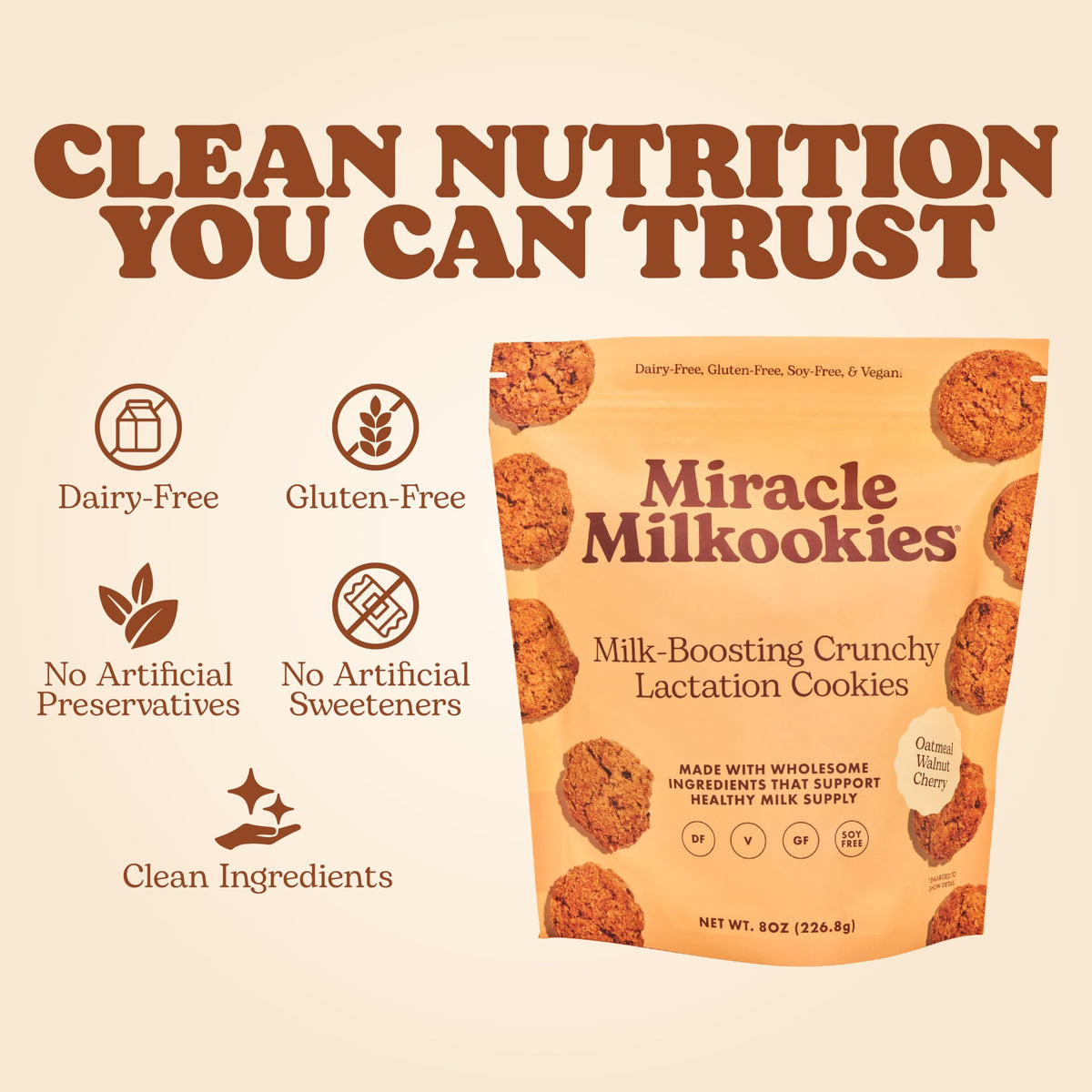 Vegan ingredients in Miracle Mama Milkookies featuring oats, flaxseed and brewer’s yeast