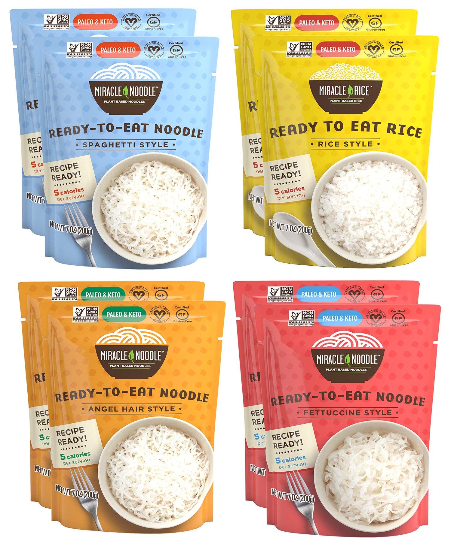 Miracle Noodle angel hair ready-to-eat bag shows light, low-calorie noodles for quick meals.