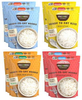 Miracle Noodle angel hair ready-to-eat bag shows light, low-calorie noodles for quick meals.