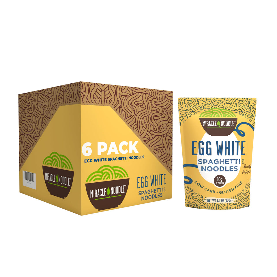 Miracle Noodle Egg White Spaghetti pack shot showing high-protein, low-carb pasta.