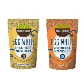 Miracle Noodle Egg White Spaghetti packaging highlights gluten-free, high-protein pasta.