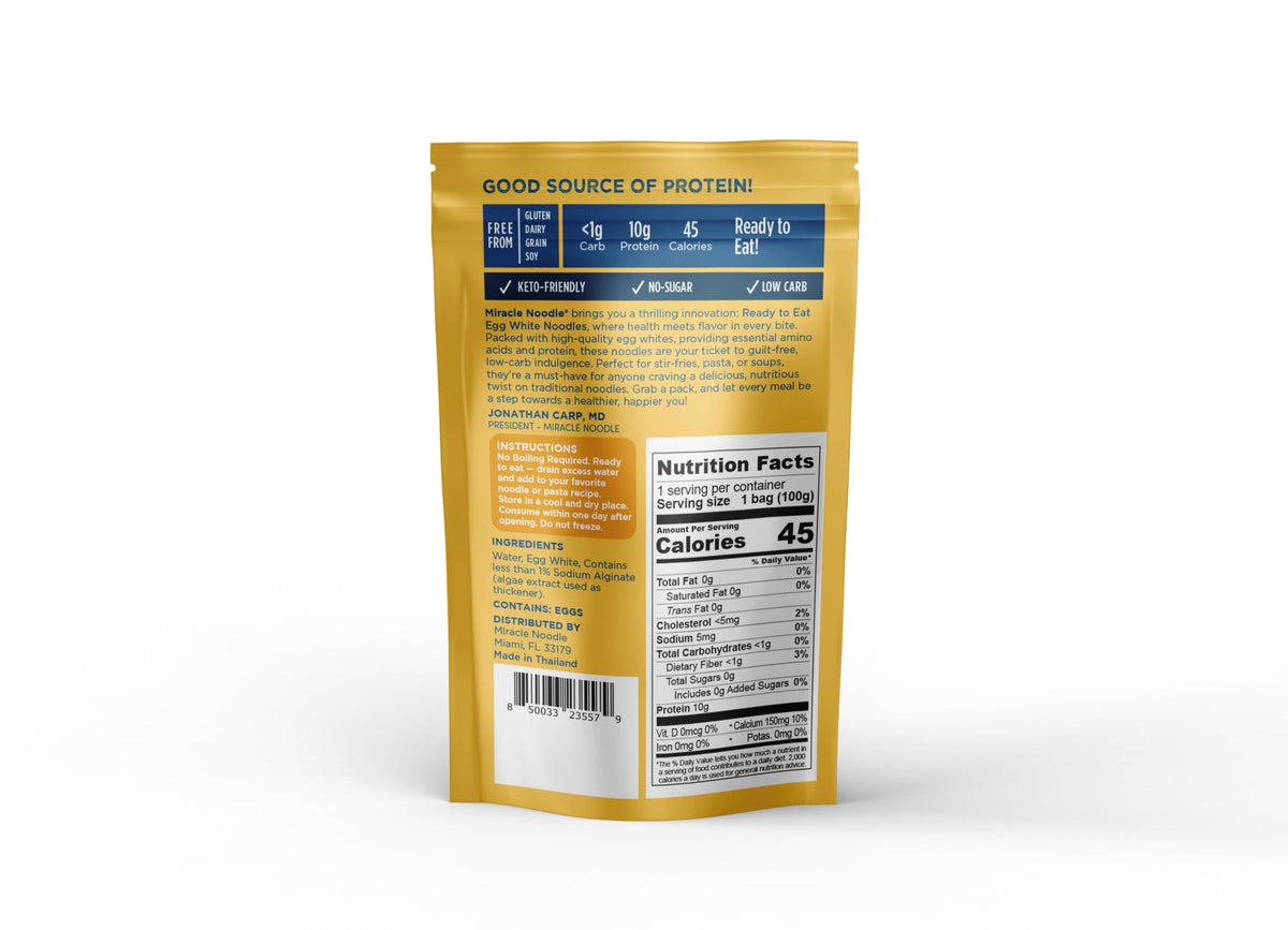 Uncooked Miracle Noodle Egg White Spaghetti strands in packaging, gluten-free and dairy-free.