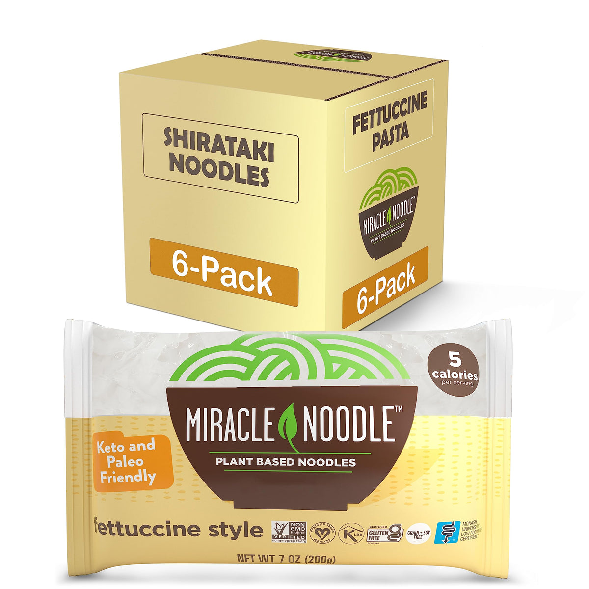 Miracle Noodle fettuccine pack six bags; convenient, calorie-conscious pasta option.