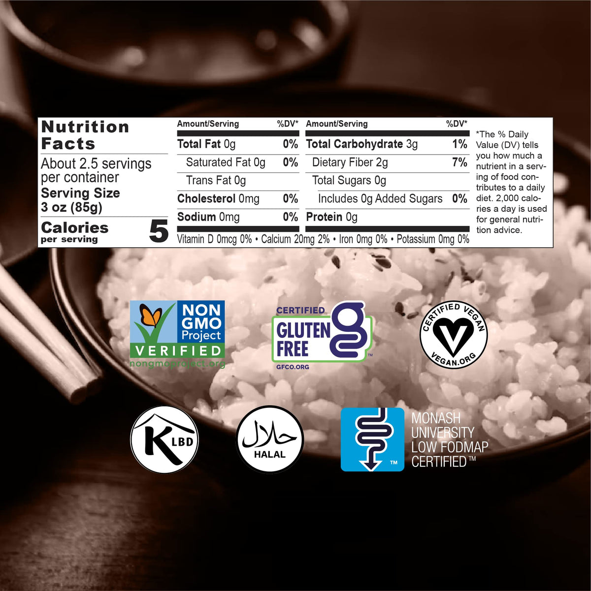 Miracle Noodle Konjac Rice ingredient list on front — plant-based, gluten-free option