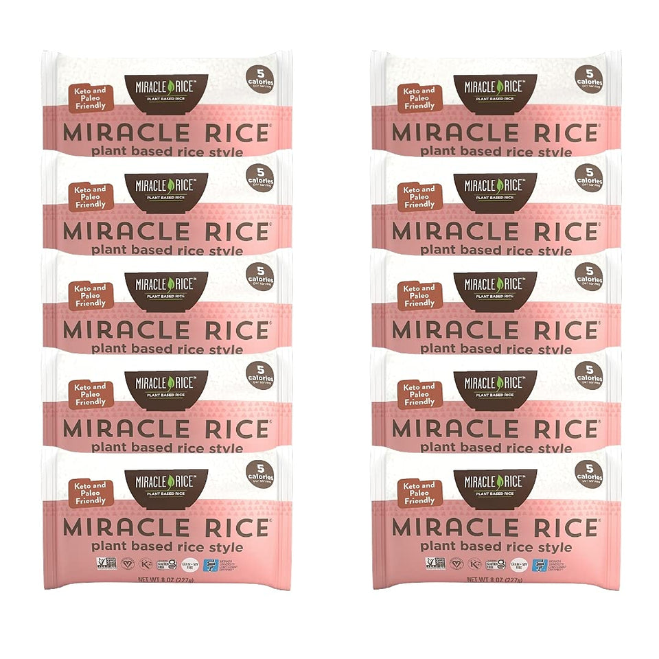 Miracle Noodle Miracle Rice 10-pack front view highlighting keto-friendly, low-calorie base.