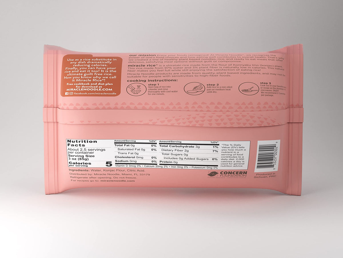 Miracle Noodle Miracle Rice open bag ready for rinsing before cooking.