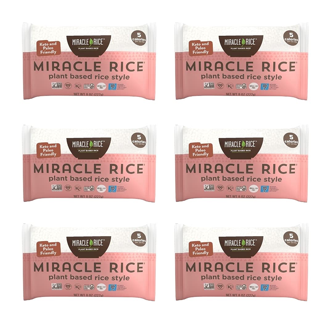 Miracle Noodle Miracle Rice packaging shows six 8-ounce bags for keto-friendly meals
