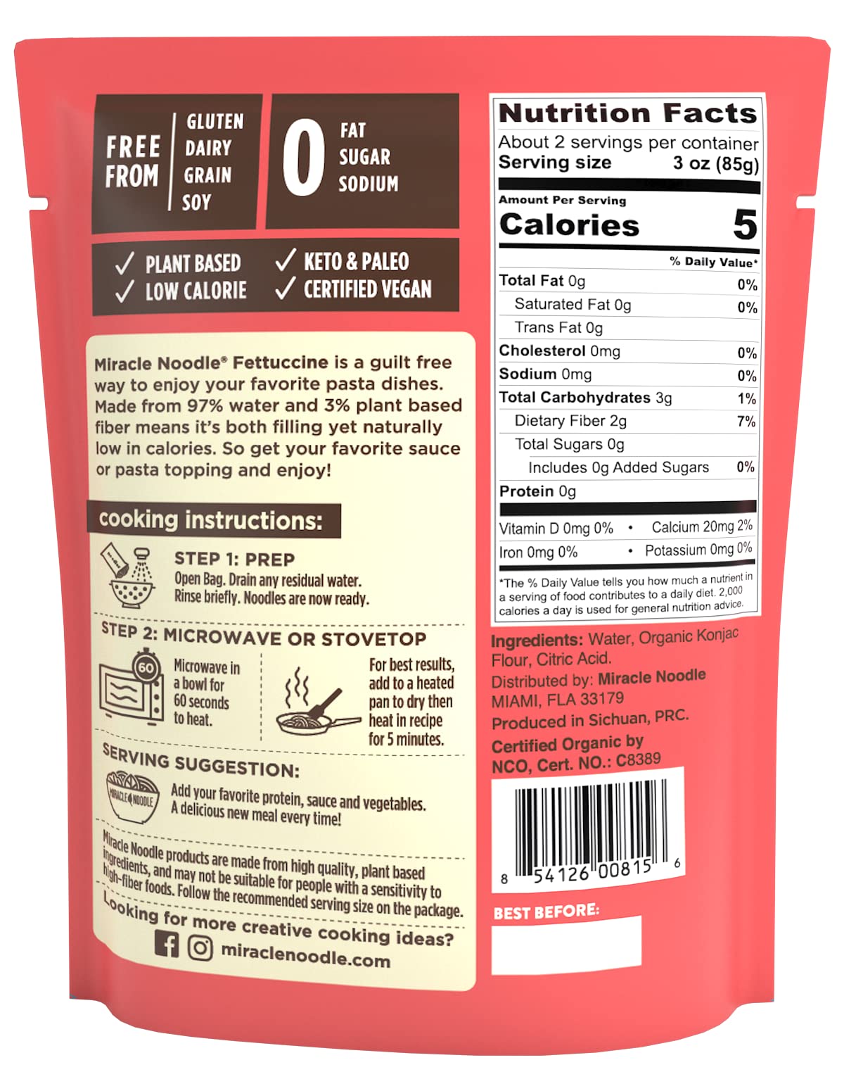 Miracle Noodle organic certification label highlights vegan and gluten-free status