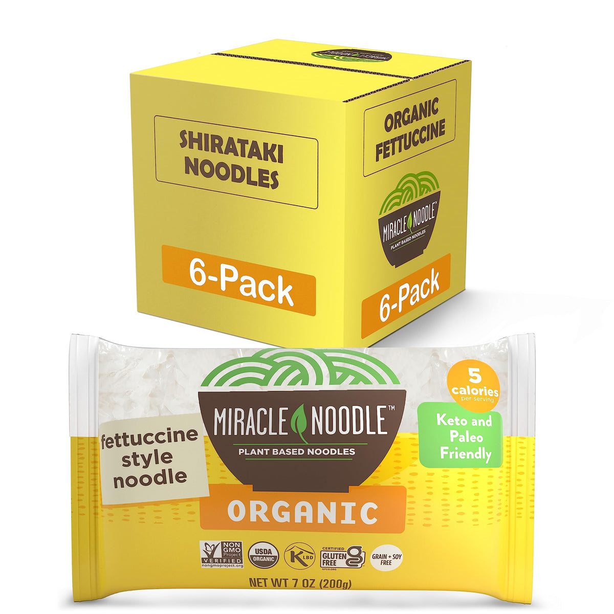 Miracle Noodle Organic Fettuccine 6-pack box, a low-calorie, low-carb pasta option.
