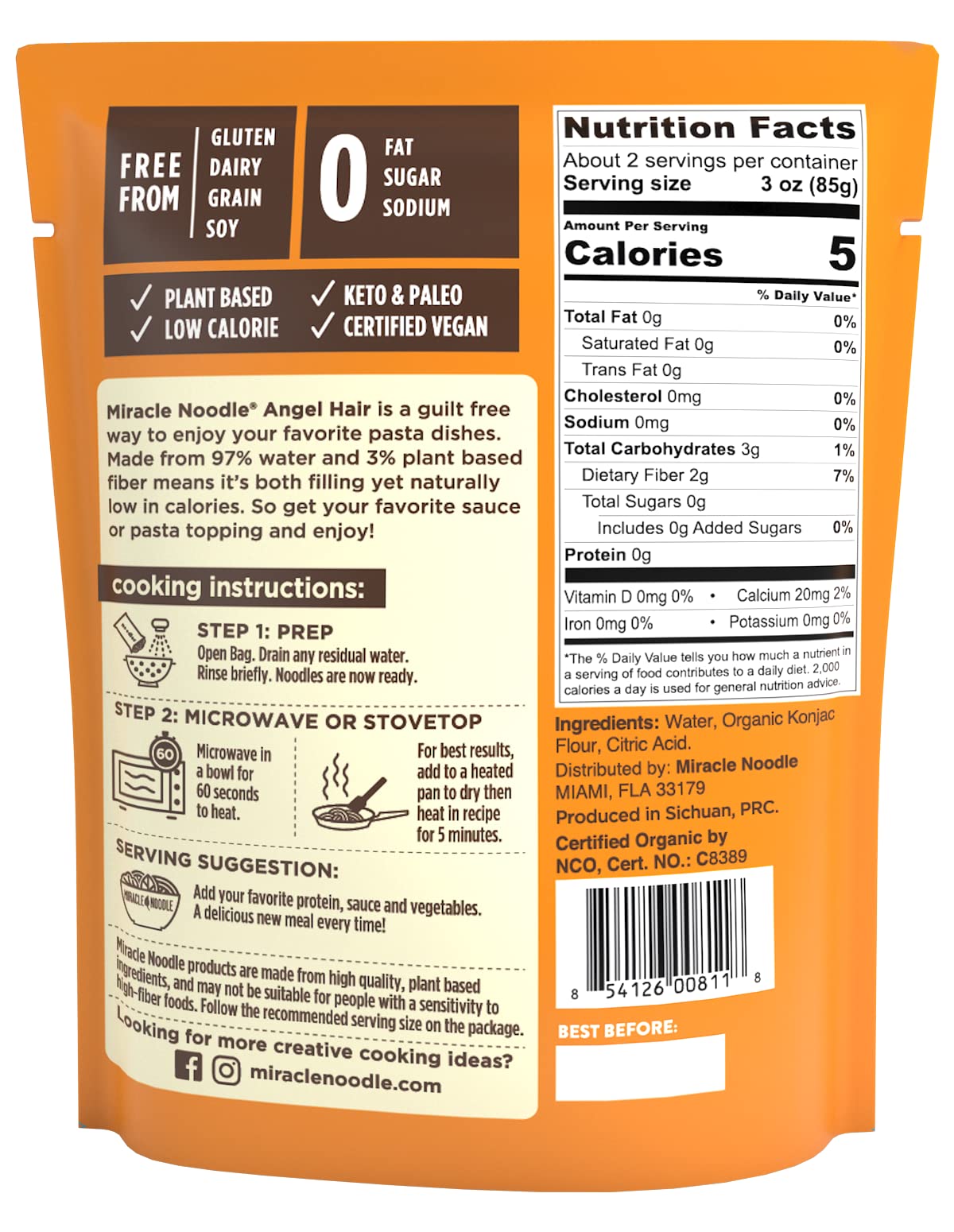 Miracle Noodle organic konjac angel hair, gluten-free and plant-based.
