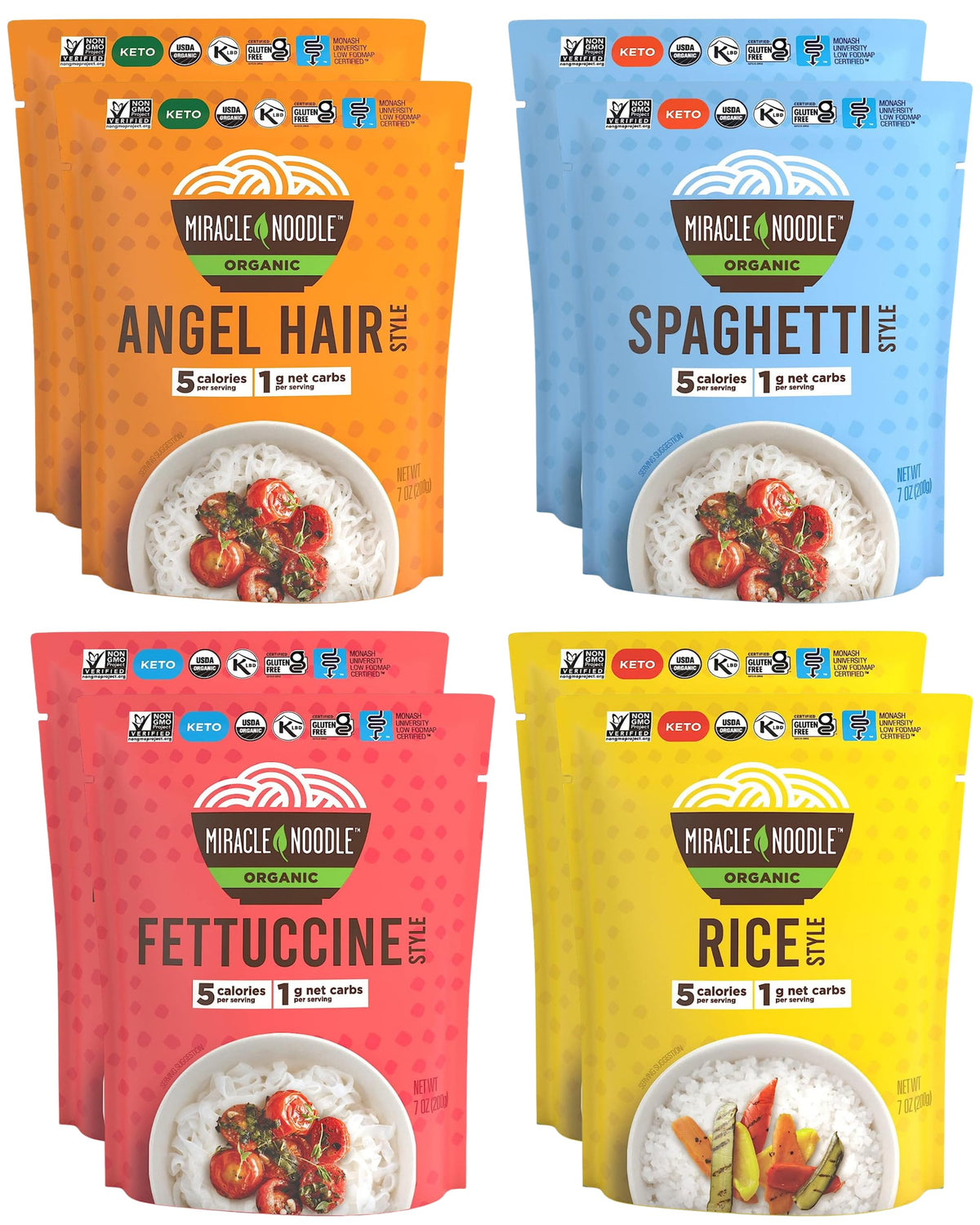 Miracle Noodle Organic Variety Pack ready-to-eat noodles and rice for low-carb meals.