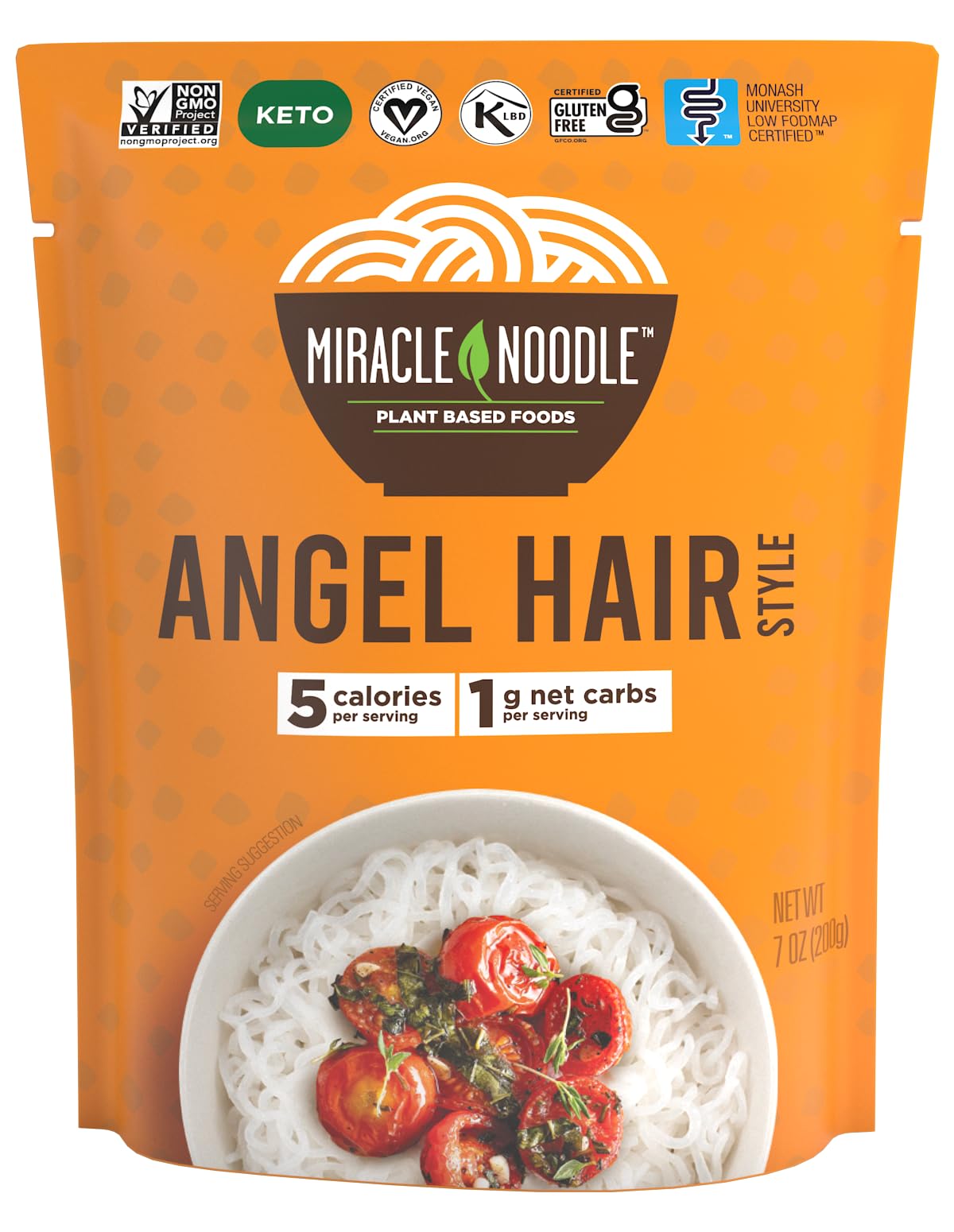 Miracle Noodle ready-to-eat angel hair pasta pack, convenient low-calorie base for quick meals.