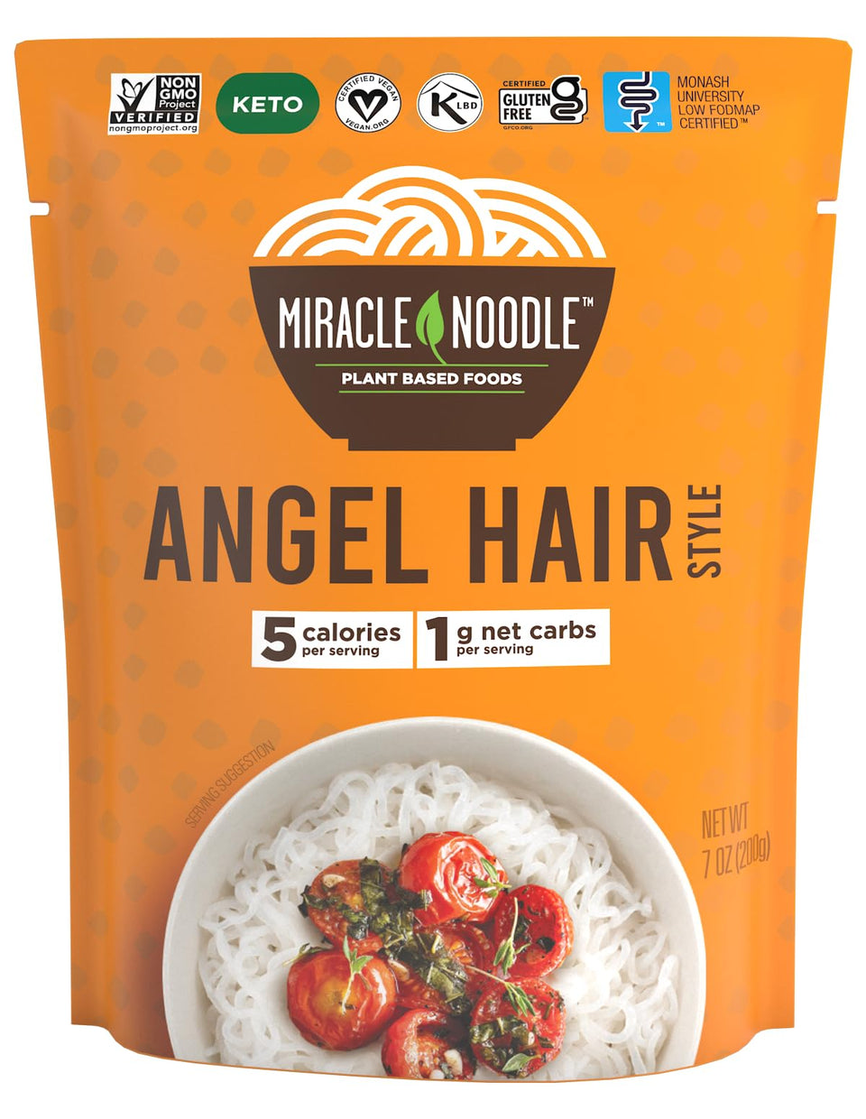 Miracle Noodle ready-to-eat angel hair pasta pack, convenient low-calorie base for quick meals.