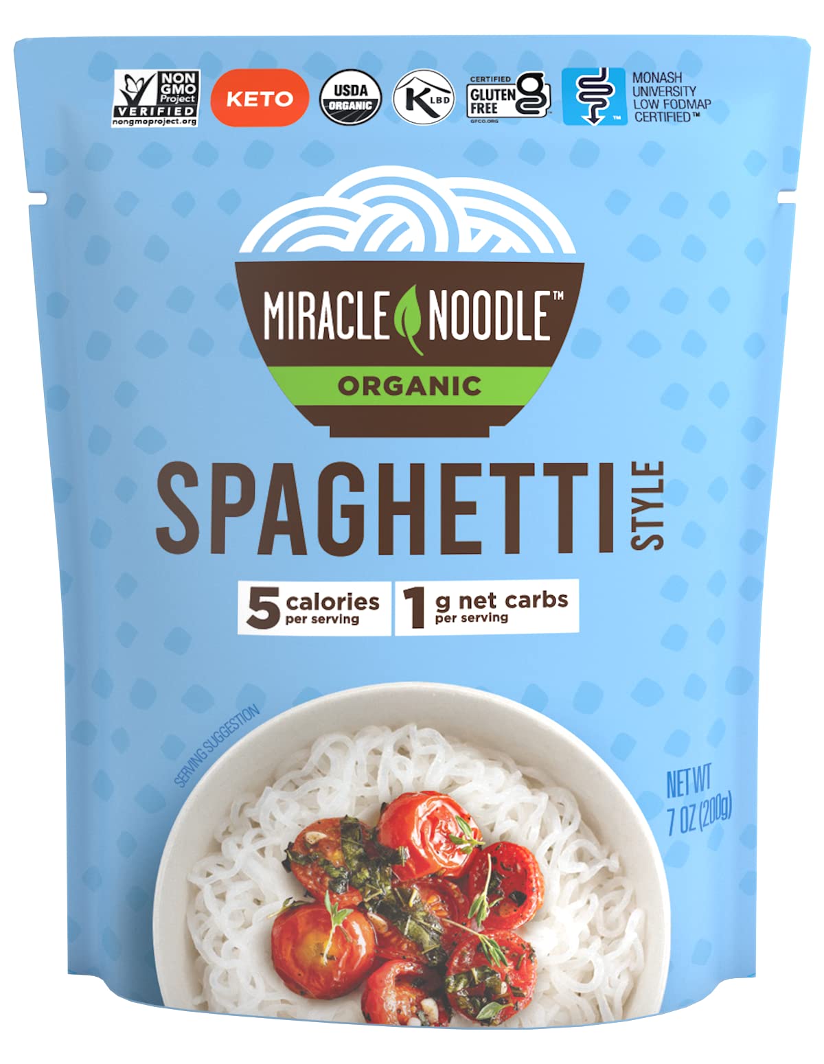 Miracle Noodle ready-to-eat spaghetti in packaging shot showing a low-calorie plant-based staple