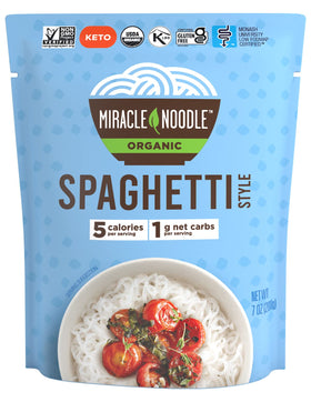 Miracle Noodle ready-to-eat spaghetti in packaging shot showing a low-calorie plant-based staple