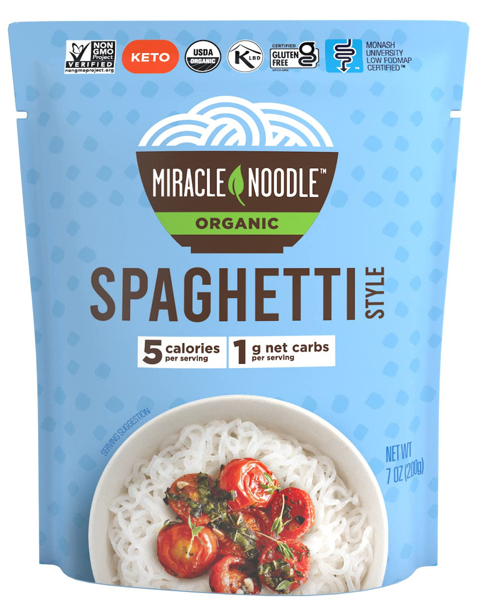 Miracle Noodle ready-to-eat spaghetti in packaging shot showing a low-calorie plant-based staple