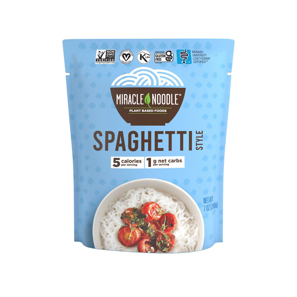 Miracle Noodle ready-to-eat spaghetti pack, convenient low-calorie option for quick meals and keto-friendly dishes.