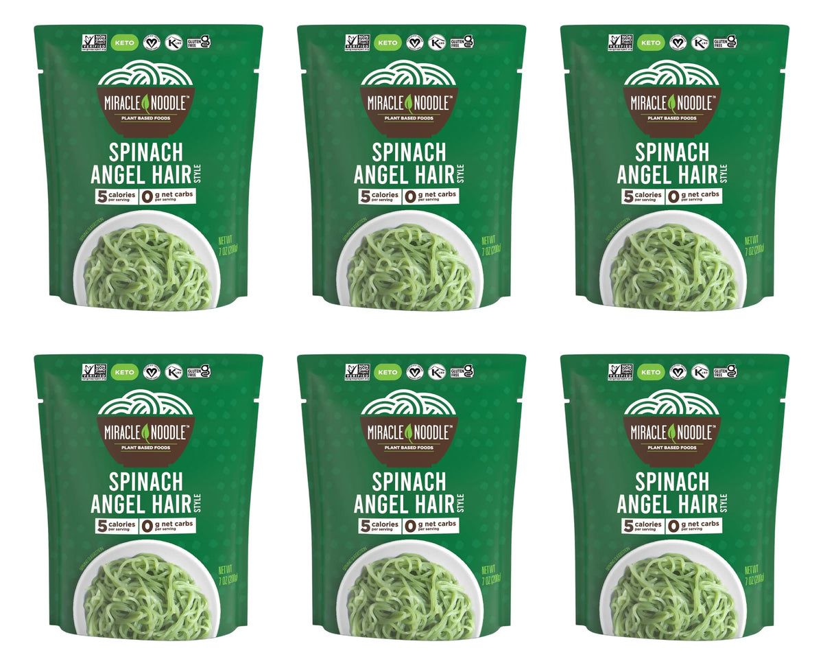 Miracle Noodle Spinach Angel Hair Pasta bag, low-calorie konjac noodles ready to heat.