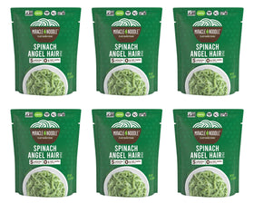 Miracle Noodle Spinach Angel Hair Pasta bag, low-calorie konjac noodles ready to heat.