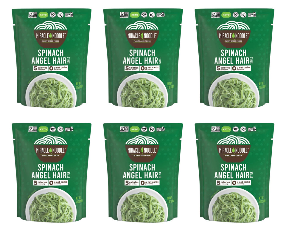 Miracle Noodle Spinach Angel Hair Pasta bag, low-calorie konjac noodles ready to heat.