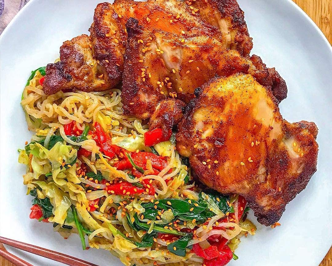 Stir-fry dish with Miracle Noodle highlights low-carb convenience.