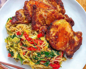 Stir-fry dish with Miracle Noodle highlights low-carb convenience.