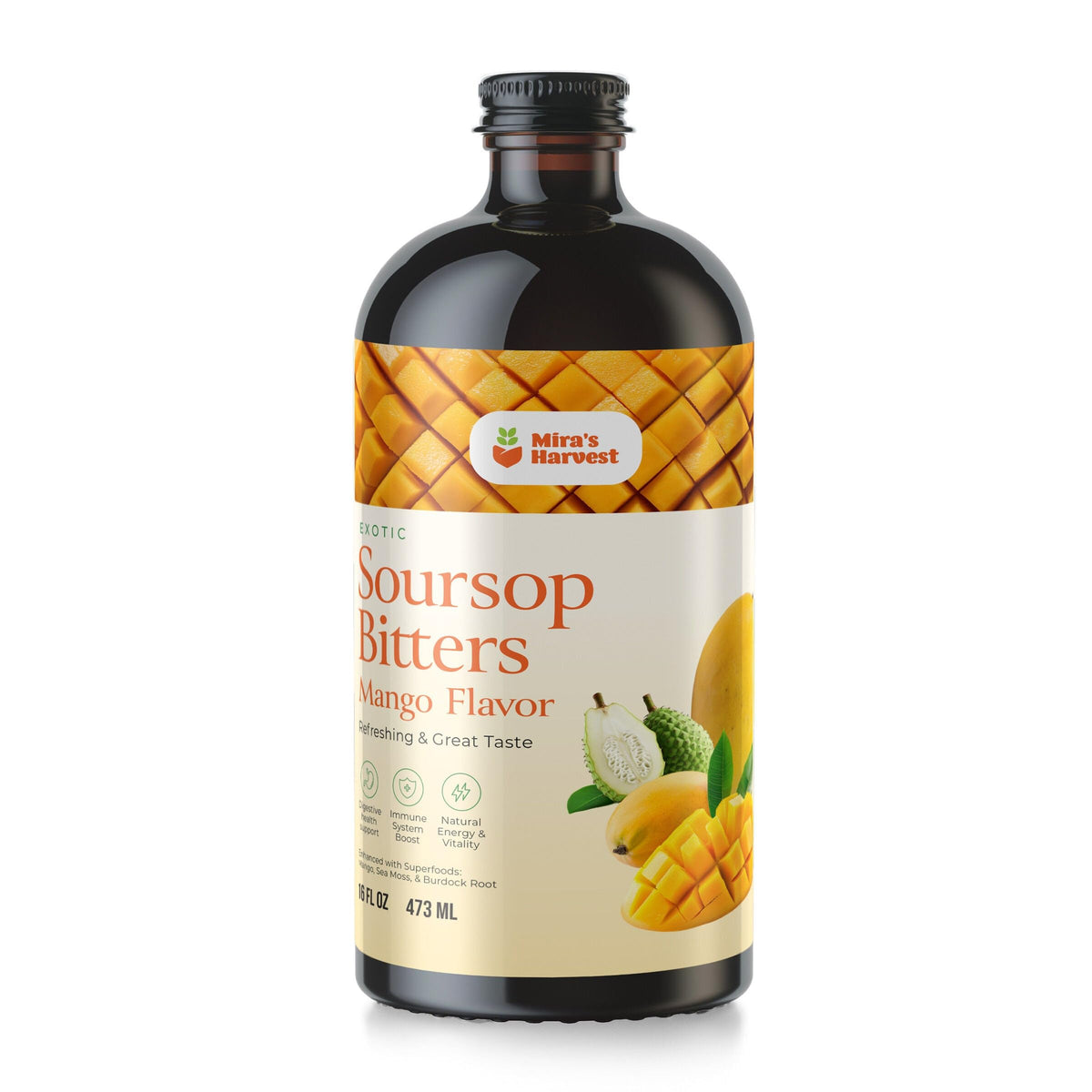 Mira’s Harvest Soursop Bitters bottle with mango flavor enhances daily refreshment.