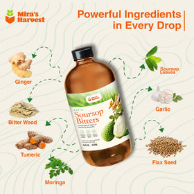Close-up of Mira’s Harvest Soursop Bitters label and premium botanicals.