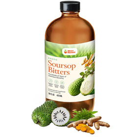 Mira’s Harvest Soursop Bitters bottle on a counter, suggesting digestive support.