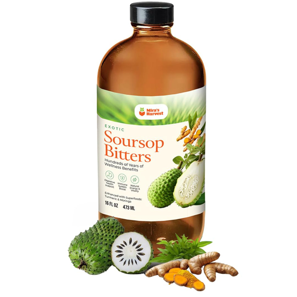 Mira’s Harvest Soursop Bitters bottle on a counter, suggesting digestive support.