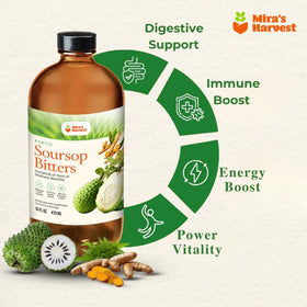 Pouring Mira’s Harvest Soursop Bitters into water for daily wellness ritual.