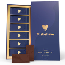 Misbehave Love Chocolate packaging highlights premium vegan dark chocolate and elegant gift design.