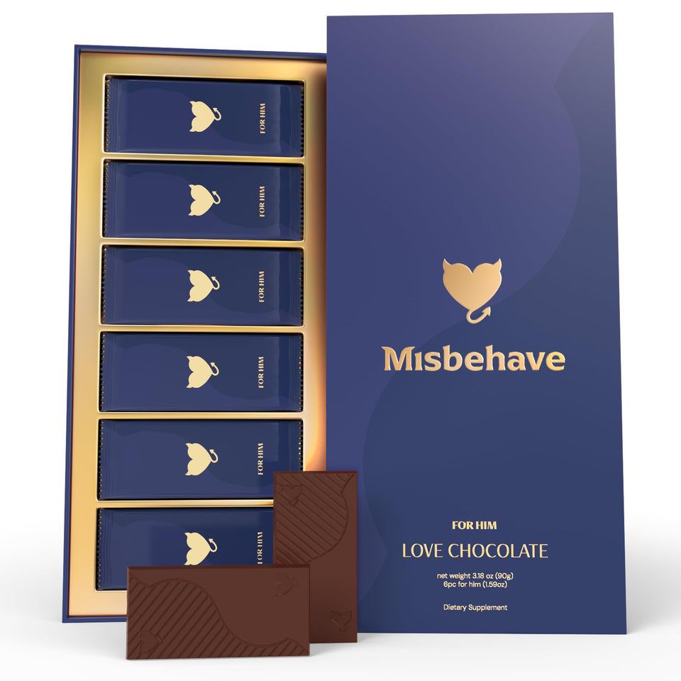 Misbehave Love Chocolate packaging highlights premium vegan dark chocolate and elegant gift design.