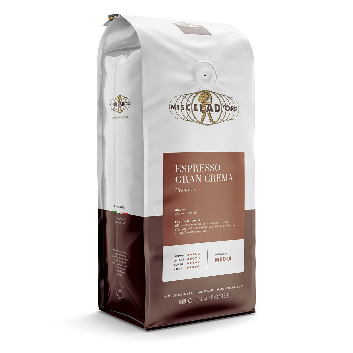 Miscela D'Oro Gran Crema espresso beans with rich crema ideal for a bold, full-bodied espresso