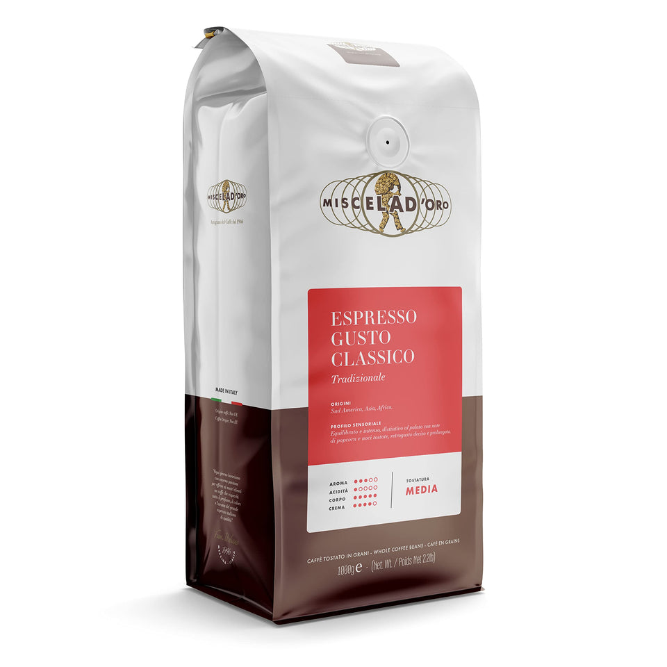 Miscela D'Oro Gusto Classico espresso beans in a bag, ideal for rich crema espresso